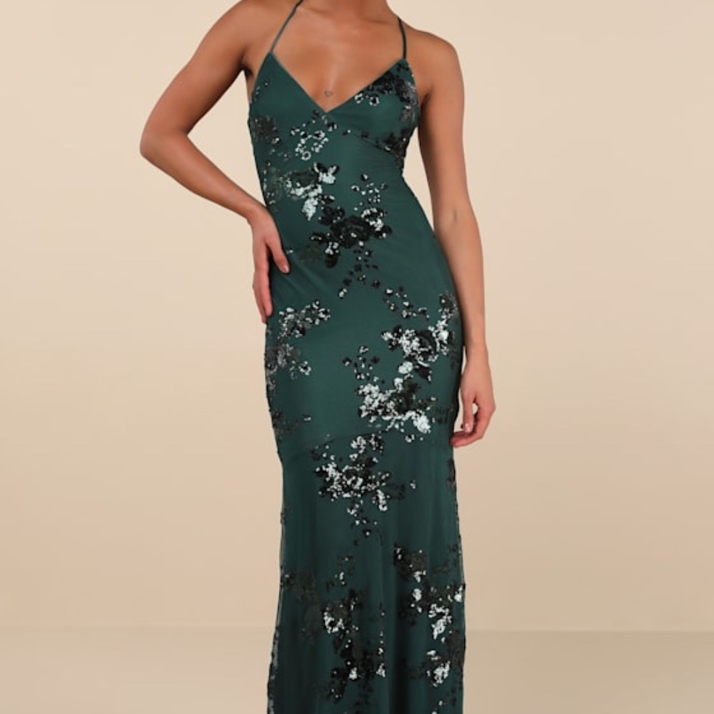 Lulus Valhalla Forest Green Sequin Lace-up Maxi Dress - Size M